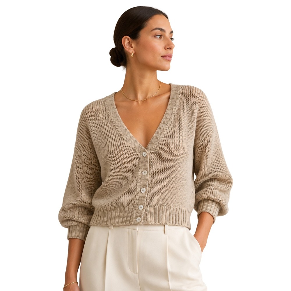 Wooden Ships Cardigan Sweater Womens ML Tan Open Knit V-Neck Button Front Cotton